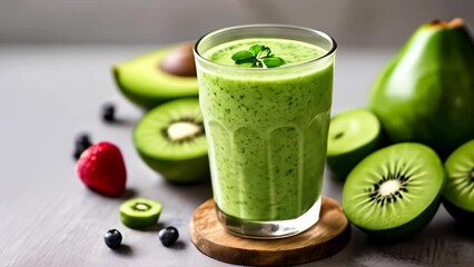 Wall Mural -  Freshly blended green smoothie with avocado and kiwi topped with a mint leaf