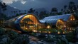 A futuristic greenhouse complex illuminated by the soft hues of twilight, with sleek solar panels covering the curved roof, providing power for the integrated hydroponic systems and IoTcontrolled clim