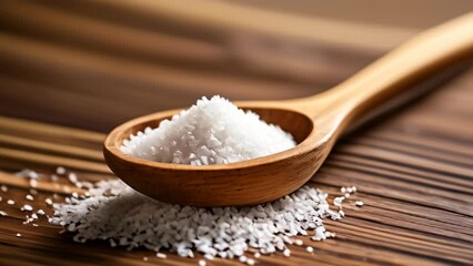 Canvas Print -  Finely ground white salt crystals in a wooden spoon