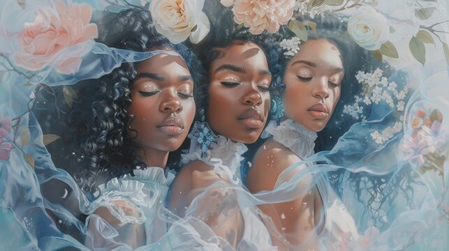 An artistic depiction of black women in serene poses