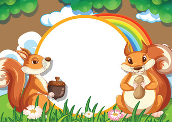 Poster - Two squirrels with acorns under a colorful rainbow.