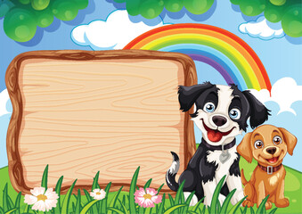 Wall Mural - Two dogs beside a blank wooden sign outdoors.