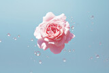 Fototapeta Tęcza - A delicate pink rose floats amidst sparkling water droplets on a tranquil blue backdrop, creating a scene of serene beauty and pure elegance, perfect for beauty and romantic themes.