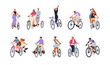 Happy characters on bicycles set. Young active people bikers enjoying bike ride. Excited joyful funny cyclists in motion, pedaling, cycling. Flat vector illustration isolated on white background