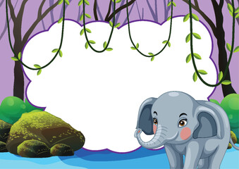 Sticker - Cartoon elephant near a pond with lush background.