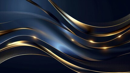 Luxury curve gold lines on dark blue background with lighting effects Luxury design style. ai generated