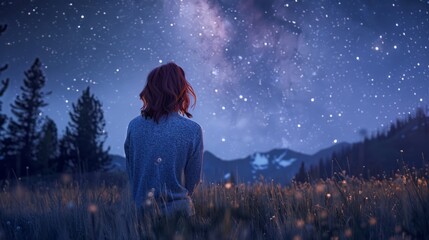 Wall Mural - Lifestyle image of a young woman stargazing in the wilderness