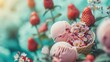 Strawberry ice cream scoop with fresh strawberries and mint. Generative AI
