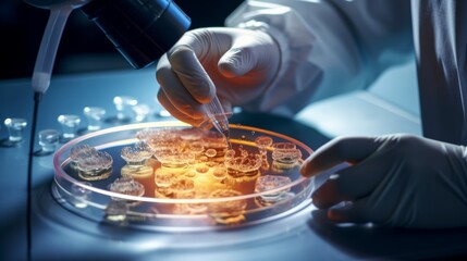 Poster - A scientist carefully lowers a genetically modified organism into a petri dish, observing its behavior under a microscope.