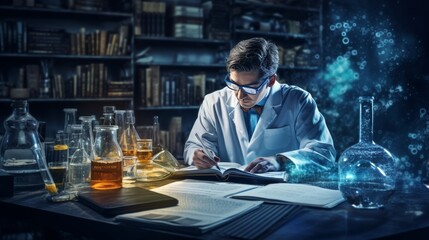 Poster - A scientist meticulously collects data from a series of experiments, their notes filling pages of a laboratory notebook.