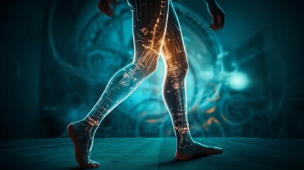 Poster - biomedical engineer working on a prosthetic limb, using precise tools and intricate designs.