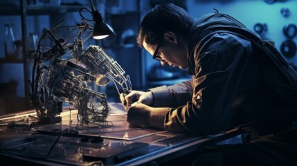Poster - biomedical engineer working on a prosthetic limb, using precise tools and intricate designs.
