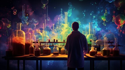 Poster - a chemical engineer conducting an experiment in a laboratory, surrounded by bubbling flasks and colorful chemicals.