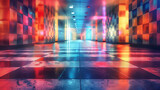 Fototapeta Tulipany - A long hallway with a checkered floor and neon lights