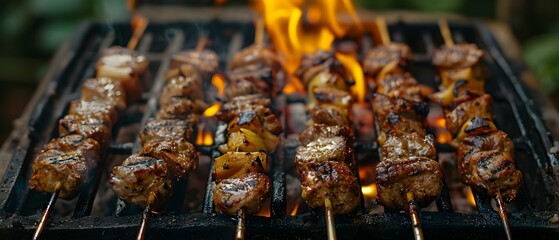 Wall Mural - Grilled shish kebab over open fire cooking food on skewers. Concept Grilled shish kebab, Outdoor cooking, Skewered meats, Open fire BBQ, Food grilling techniques