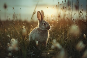 Wall Mural - Capturing Serenity: Cinematic Photography of a rabbit Grazing in the Meadow Generative Ai