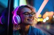 Cheerful young woman with glasses listening to music through headphones on a lively city street at dusk. Smiling Young Lady Using Headphones at Dusk