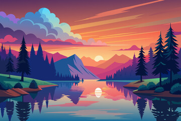 Wall Mural - A serene lake reflecting the colors of the sunset