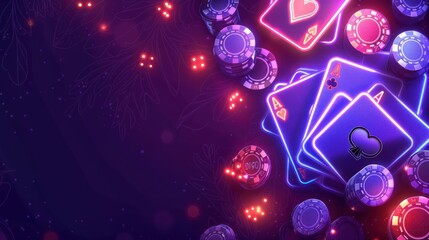 Casino advertising neon banner design with playing cards and casino chips on a purple background. ai generated