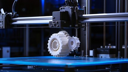 gantry with x-carriage and print head of a FDM-3D-printer that produces white helical gears on blue print bed. dark surrounding. selective focus. additive manufacturing concept