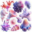 a various of a sea life, coral ,plant, aquatic, jellyfish  and plankton microorganism under microscope illustration set of micro cell organism in microbiology underwater in ocean