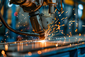 Detailed view of a robotic welding arm in a manufacturing setting, perfectly aligning two metal components