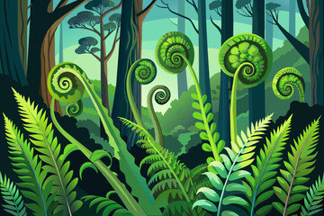 Poster - Verdant ferns unfurling in a shaded grove