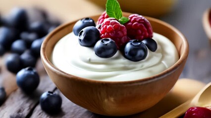 Sticker -  Deliciously fresh berries and cream in a rustic bowl