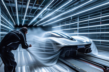 Wall Mural - Detailed view of an automotive engineer testing a car's aerodynamics in a wind tunnel, focus on airflow patterns