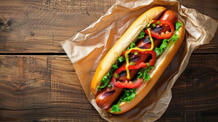 Sticker - American fast food classic hot dog on wooden background viewed from above