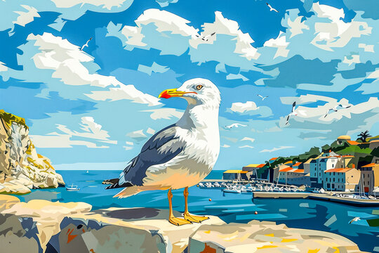 Cartoon Caricature of a Seagull.  Generated Image.  A digital illustration of a cartoon caricature of a seagull at a harbor.