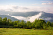carpathian countryside scenery of ukraine on a sunny morning in spring. mountainous landscape with forest on a grassy meadow and fog in the distant valley. clouds above the mountains