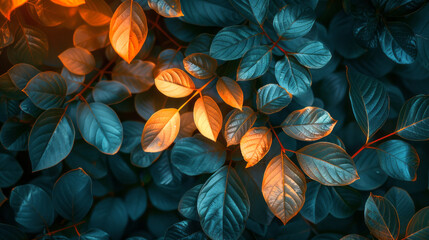 Bright subtle summer leaves in a random abstract pattern with high intensity lighting creating harsh shadows and bright highlights for a vibrant background 