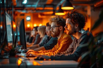 Poster - in a warmly-lit office, developers are focused on a group coding session with visible screens