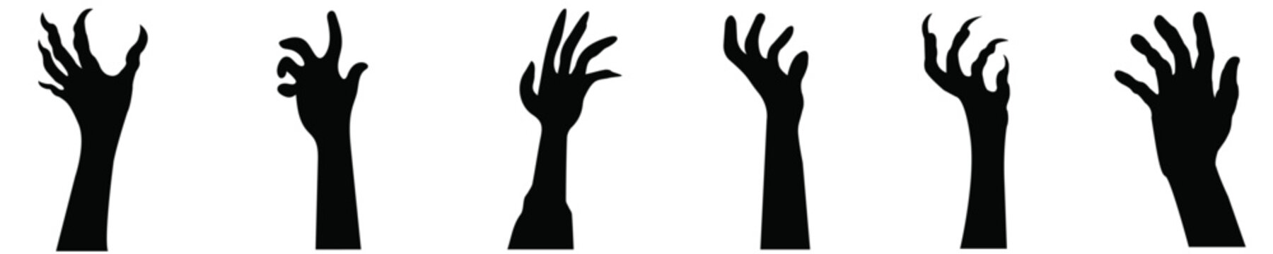 Black zombie hands halloween set, Halloween zombie hands Vector, Spooky black zombie hands,  Halloween design elements, Zombie hands, Vector set of black zombie hands, Horrible hands, Halloween hands