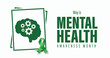 National Mental Health Awareness Month campaign banner. Brain and Green ribbon vector illustration. Observed in May each year.