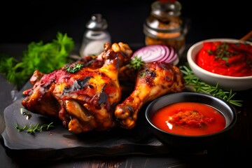Wall Mural - Delicious and juicy grilled chicken legs meat with spices sauces