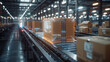 Automated sorting system in warehouse using hologram technology to track and organize cardboard boxes on conveyor belts.