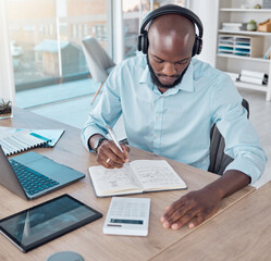 Poster - Podcast, headphones and black businessman in office, workspace or professional space for work in corporate career. Productivity, employee and laptop or notebook for planning, agenda and communication