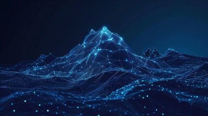 Wall Mural - Abstract polygonal mountain with glowing lines and dots on a dark blue background