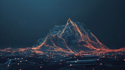 Wall Mural - Abstract polygonal mountain with glowing lines and dots on a dark blue background