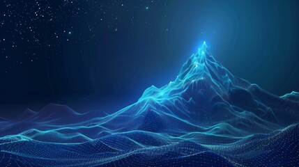 Wall Mural - Abstract polygonal mountain with glowing lines and dots on a dark blue background