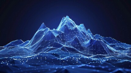 Wall Mural - Abstract polygonal mountain with glowing lines and dots on a dark blue background