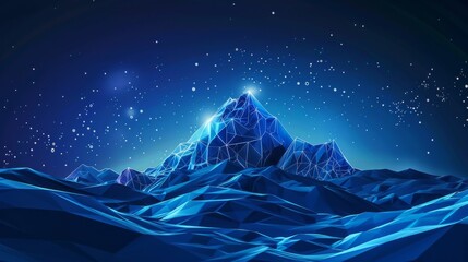 Wall Mural - Abstract polygonal mountain with glowing lines and dots on a dark blue background