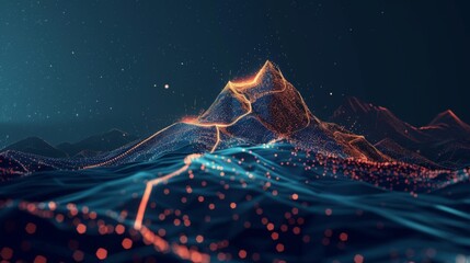 Wall Mural - Abstract polygonal mountain with glowing lines and dots on a dark blue background