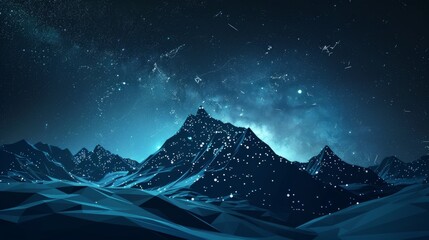 Wall Mural - Abstract polygonal mountain with glowing lines and dots on a dark blue background