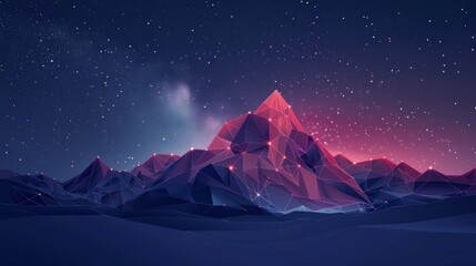 Wall Mural - Abstract polygonal mountain with glowing lines and dots on a dark blue background
