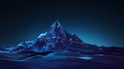 Wall Mural - Abstract polygonal mountain with glowing lines and dots on a dark blue background