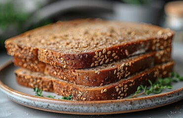Wall Mural - Plate holds rough-textured whole grain bread slices, offering a wholesome, rustic appeal for your enjoyment