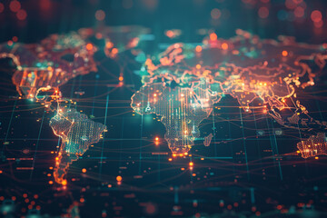 Digital network overlay on a world map, glowing lines connect financial hubs, depicting the web of global economy